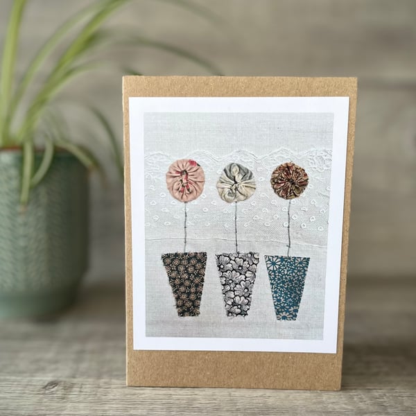 Three Flower Pots Print Blank Greetings Card 