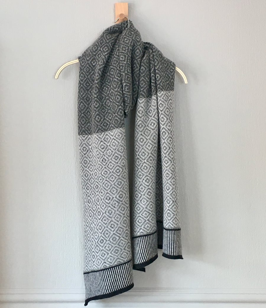 Merino Lambswool Large Marl Cliff Grey, Silver Scandi Pattern Scarf  Wrap 