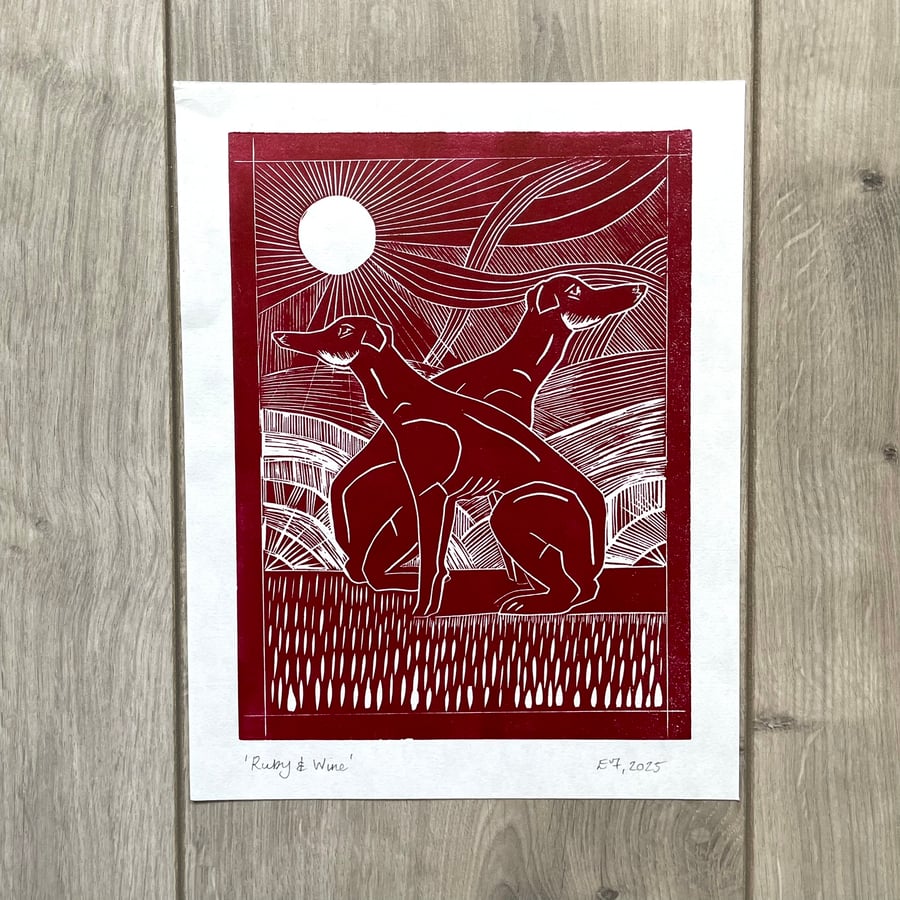 Ruby & Wine Greyhounds lino print