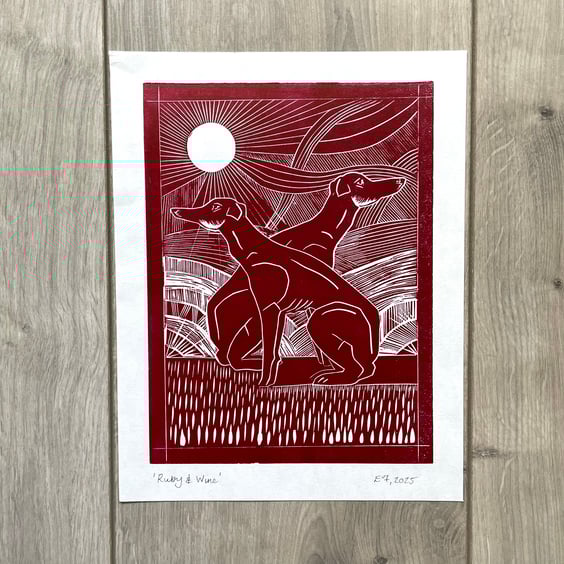 Greyhound Lino Print - Dog Lover Gift - Cherry Red Wall Art - Art Deco
