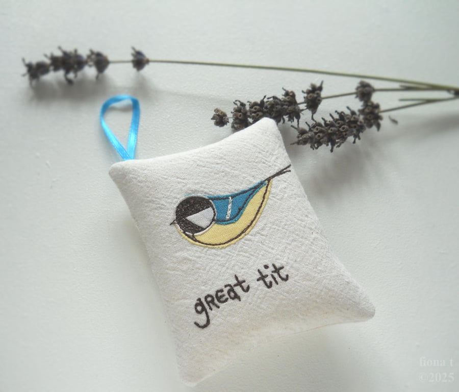 freehand embroidered lavender bag sachet hanging decoration GREAT TIT