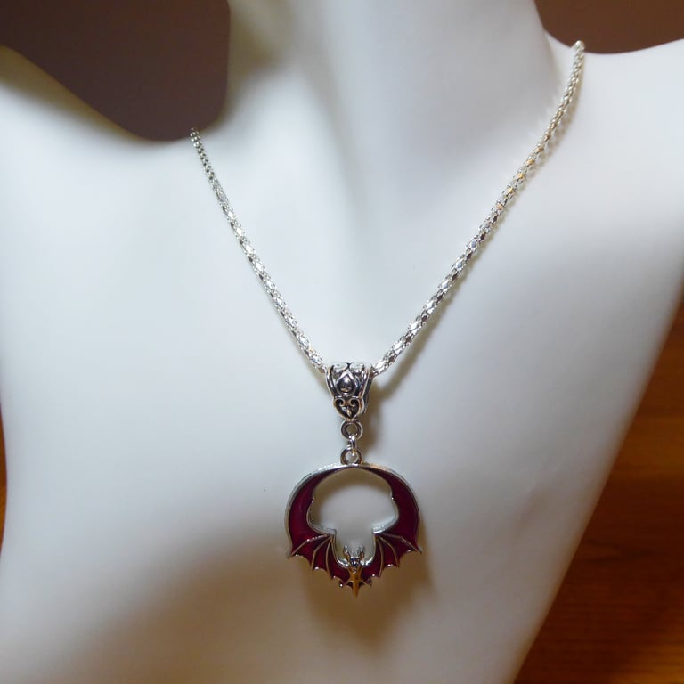 Red and Silver Enamelled Bat Pendant Necklace with Short Chain