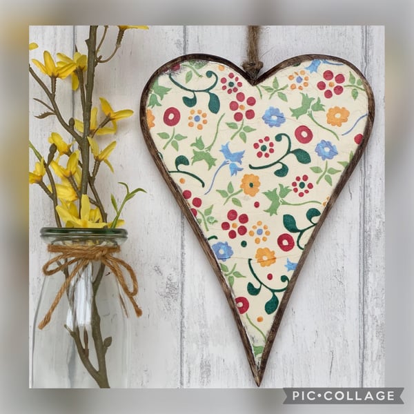 Large Wooden Rustic Hanging Heart Emma Bridgewater Decoupaged