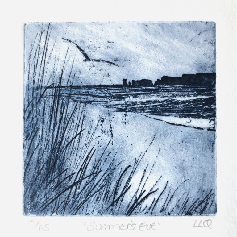 Summer's Eve original etching coastal beach scene no.10 of 65 in smoky blue grey