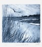 Summer's Eve original etching coastal beach scene no.10 of 65 in smoky blue grey