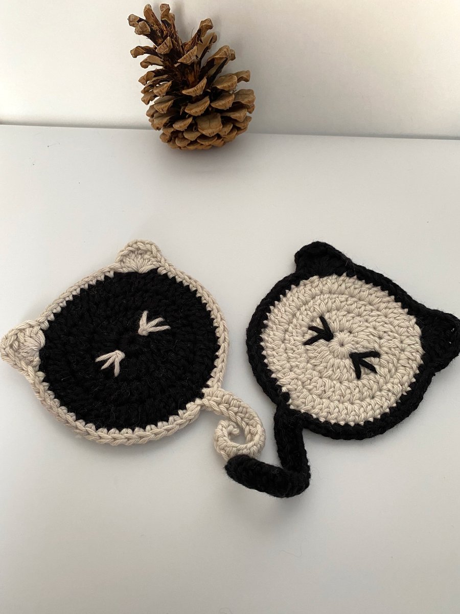 Cute Cat Face Coasters, Hand Crocheted Cotton Cat Coasters, Crazy Cat Lady Gifts