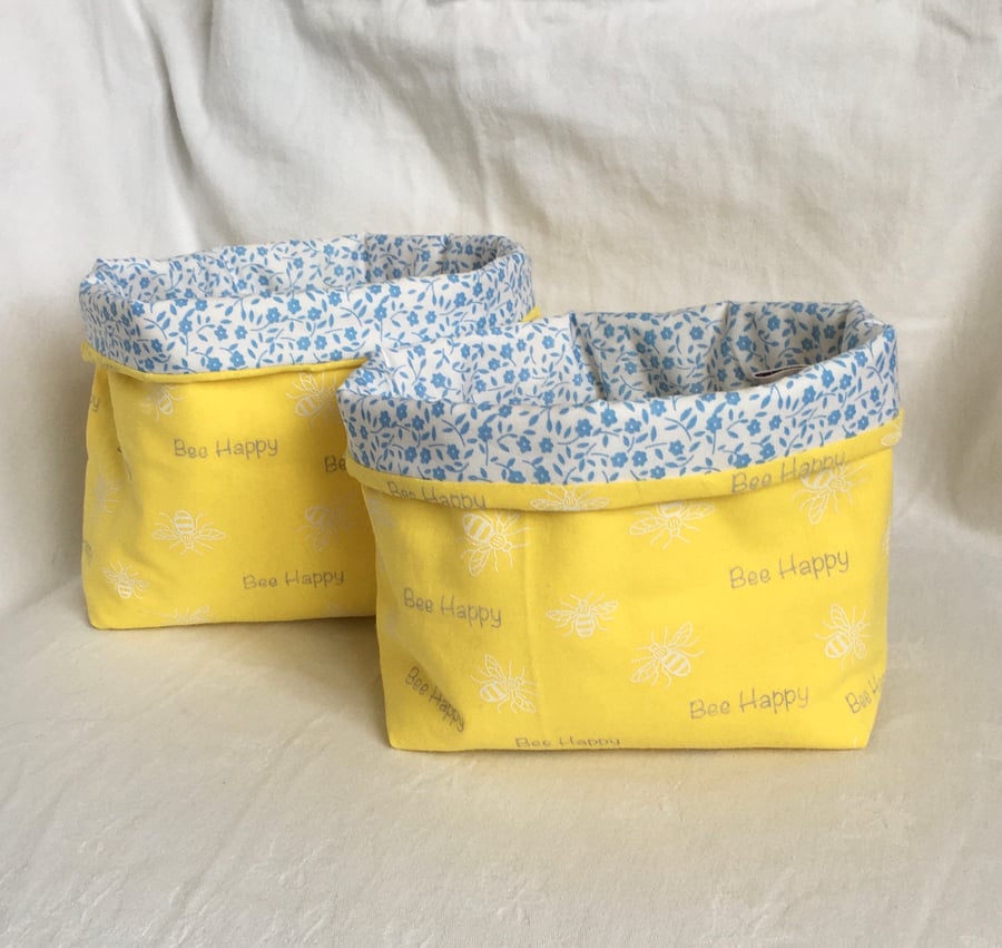 Pair of Fabric Storage Baskets, Bee's Print Fabric Boxes, Home Decor Gift Idea