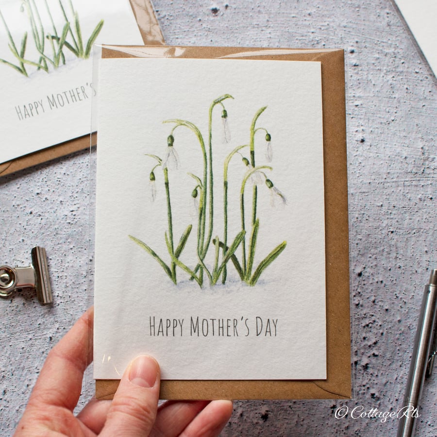 Snowdrop Mother's Day Card Watercolour Card Hand Designed By CottageRts