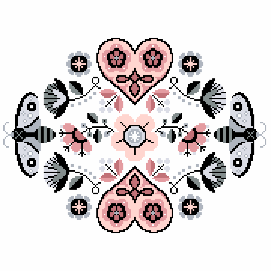 062B Cross Stitch Pattern Callico Hearts Flowers and Bees in Pink