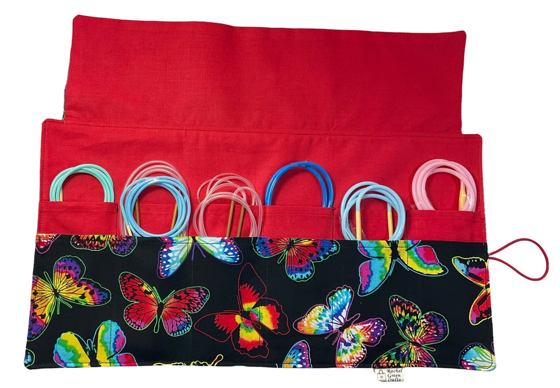 Circular needle case with butterflies, fixed circular wallet, sock needles pouch
