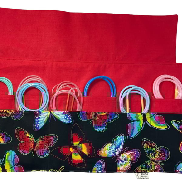 Circular needle case with butterflies, fixed circular wallet, sock needles pouch