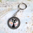 Quirky Black Cat Keyring No 3, glass cabochon pendant with cute cat image