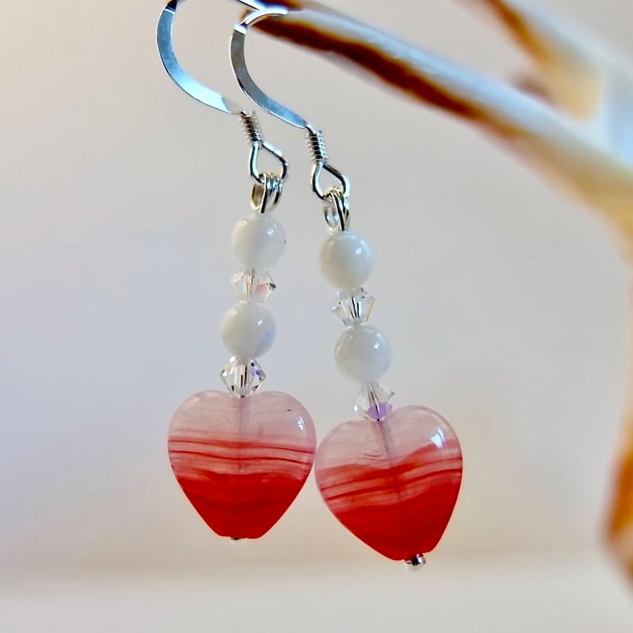 Heart Earrings, Mother Of Pearl Beads And Swarovski Crystals - Handmade In Devon
