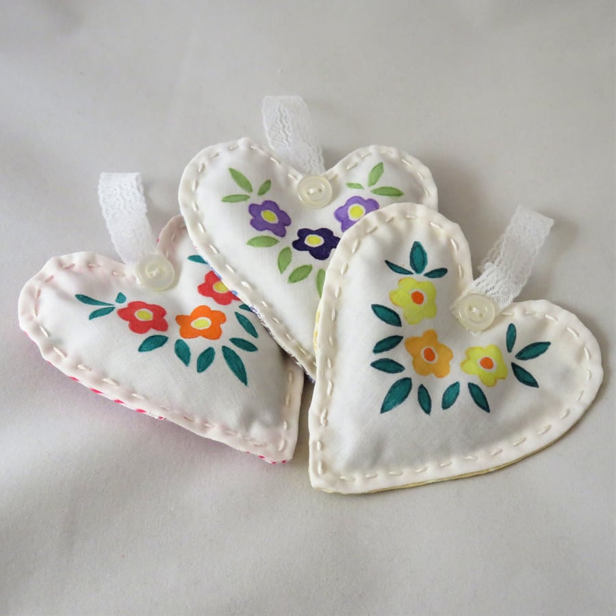 SALE Trio of Heart Lavender Bag stencilled flowers