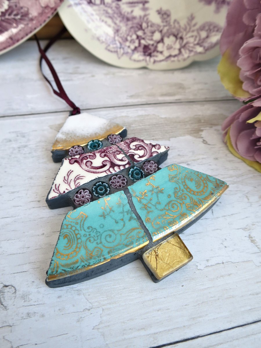 Mosaic Tree Ornament, Handmade from Vintage China and Glass