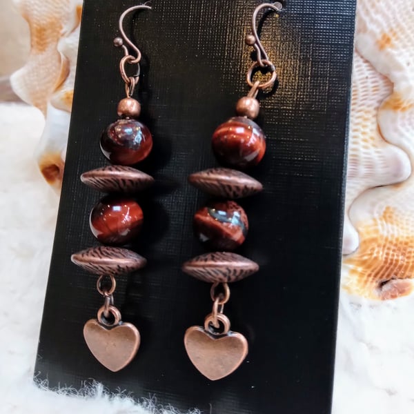 Wacky red TIGER EYE and Copper beaded dangly statement EARRINGS