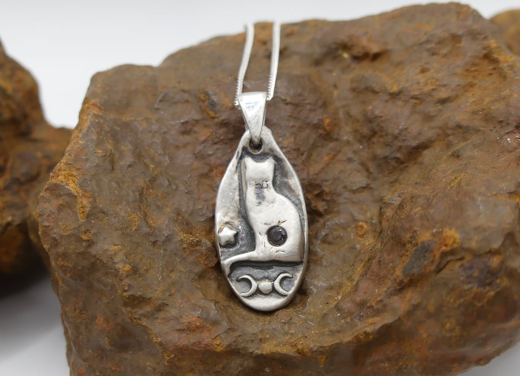 Sterling Silver Cat with Triple moon, Star and Mystic Topaz Pendant Necklace.