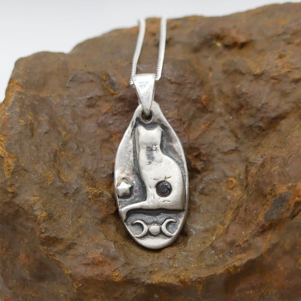 Sterling Silver Cat with Triple moon, Star and Mystic Topaz Pendant Necklace.