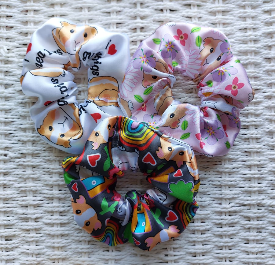 Satin Guinea Pig Hair Scrunchies Pack 3 Mixed 