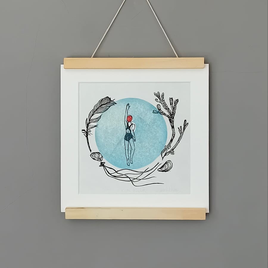 Wild Swimmer Linocut Print - sea swimming cold water swimmer gift mothers day