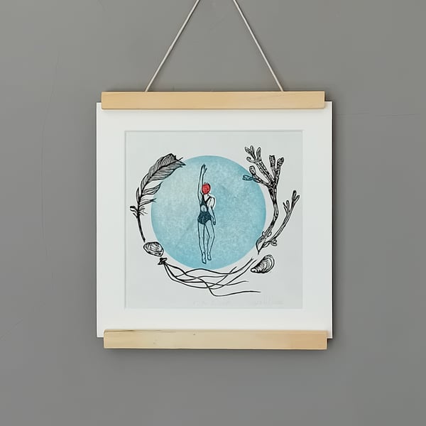 Wild Swimmer Linocut Print - sea swimming cold water swimmer gift