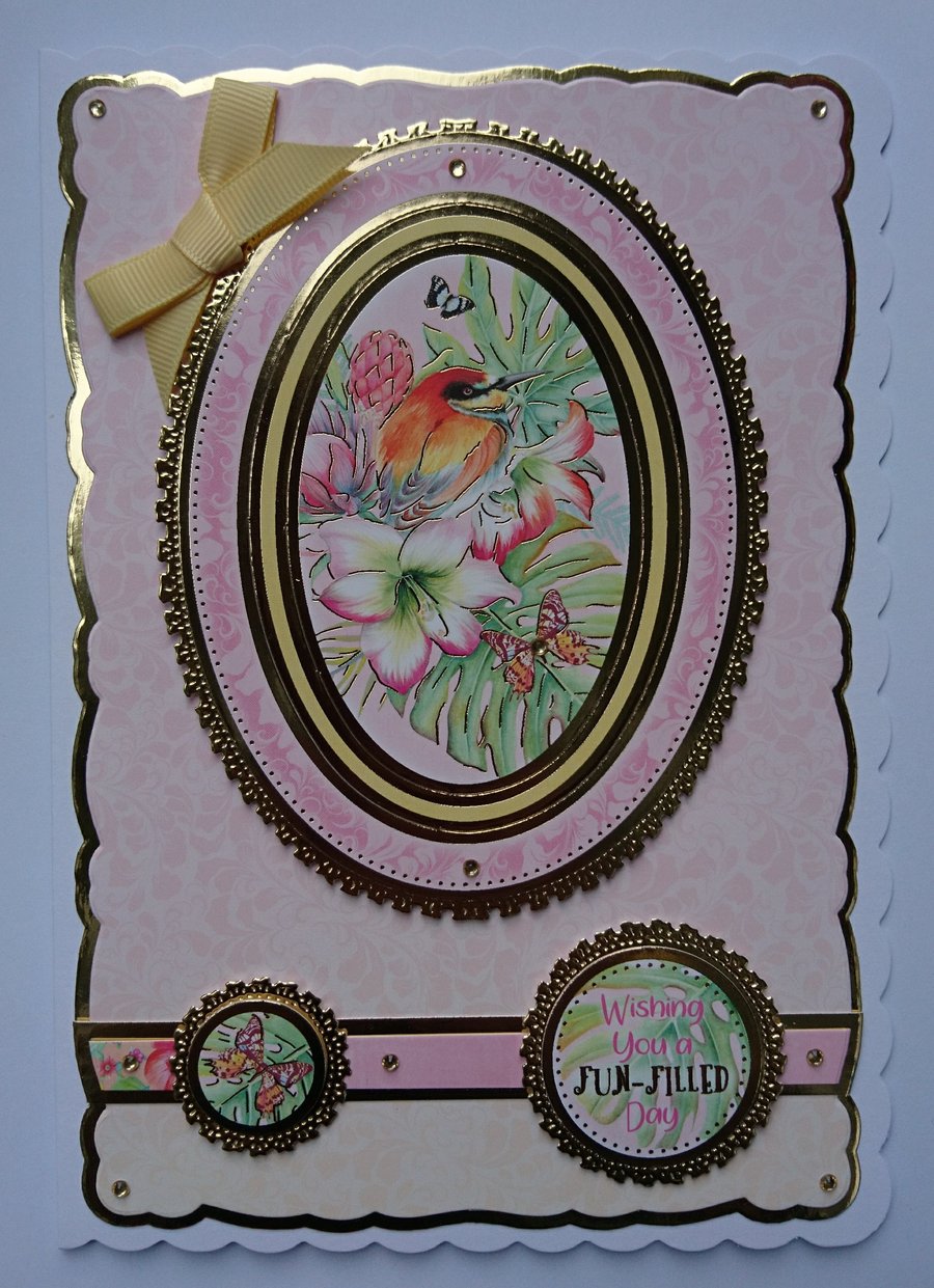 Tropical Birthday Card Wishing You a Fun Filled Day Hibiscus Flowers Butterfly