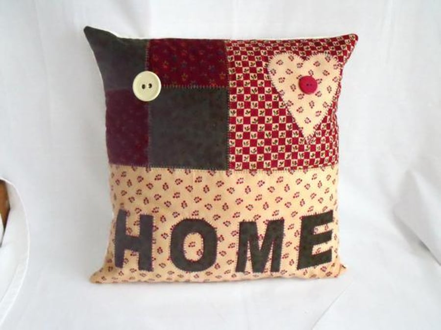 folk art patchwork pillow slip, autumnal 'home' cushion cover housewarming gift