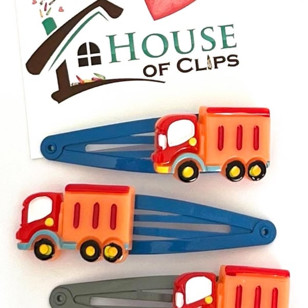 Big Truck Truck Hair Clips x2 - Boys and Girls Hair Slides Non-Slip - Constructi