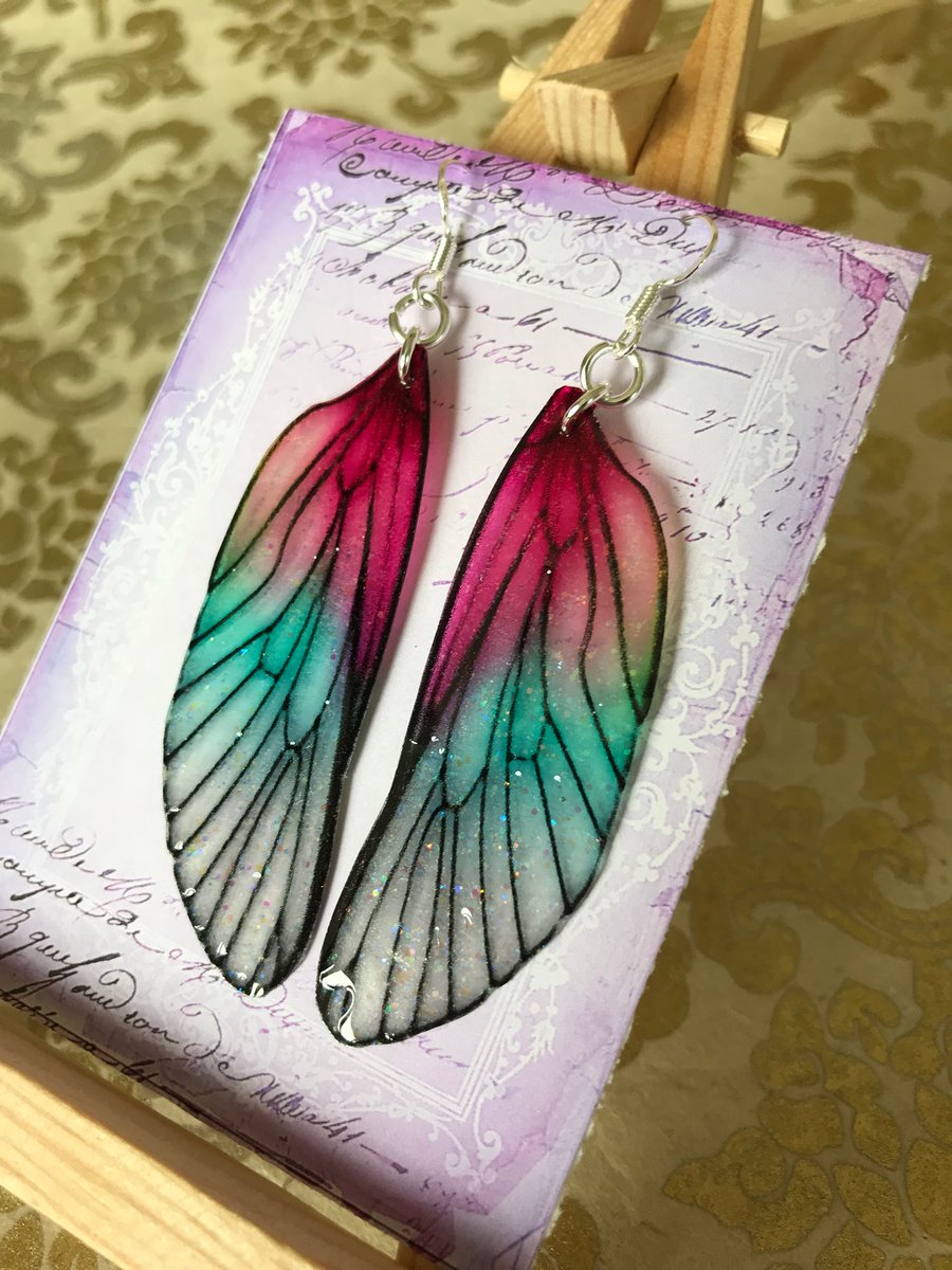 Dark Pink Shimmering Fairy Wing Sterling Silver Earrings