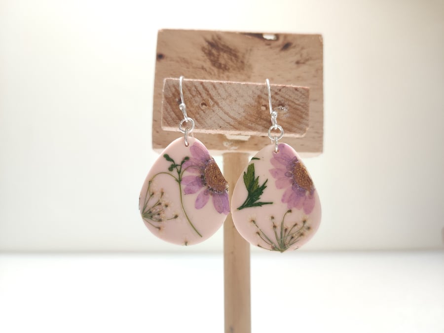 Pressed flower polymer clay pebble earrings purple