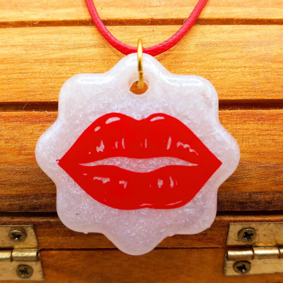 Medium-Sized Handmade White Star Resin Pendant with Red Lips