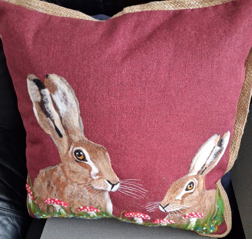 Needle Felted Hare & Mushroom Cushion  Pillow  Handmade Woodland Forest Decor