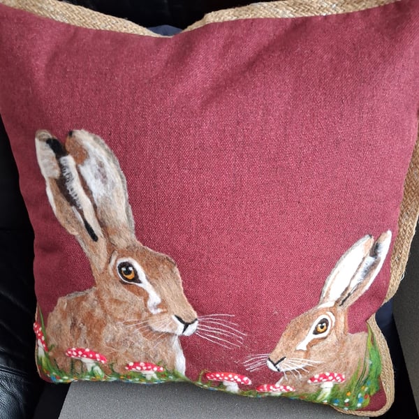 Needle Felted Hare & Mushroom Cushion  Pillow  Handmade Woodland Forest Decor