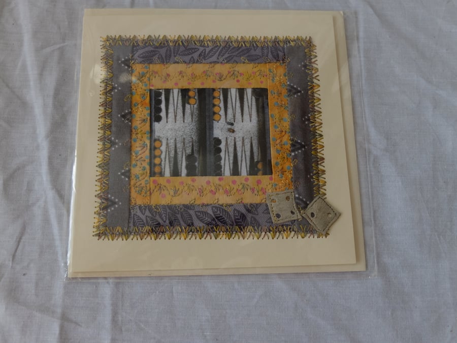 Backgammon design greetings card, greys and yellow