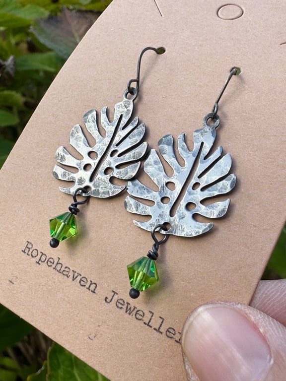 Vintage Monstera Leaf Earrings with Peridot Green Crystals