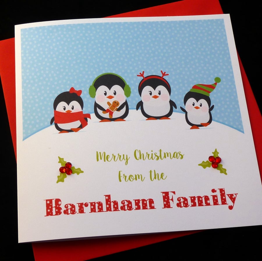 Merry Christmas From The Family ' Personalised Penguin Christmas Card