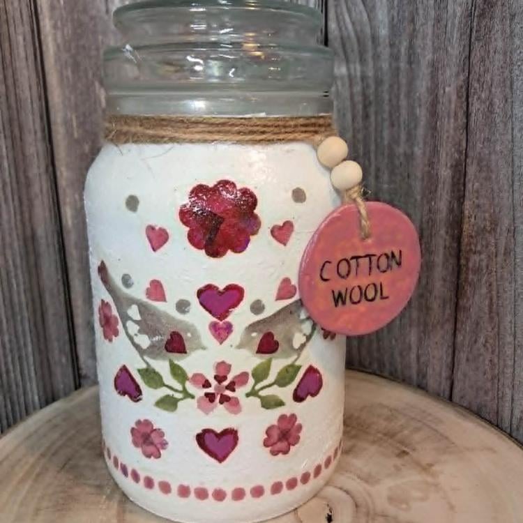 Emma Bridgewater Inspired Hand Painted and Decoupaged Love Birds Glass Storage J