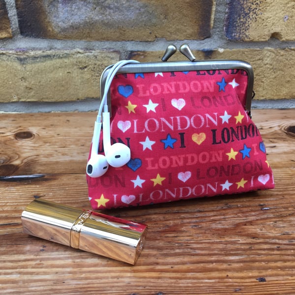 Red coin purse, Love London fabric handbag tidy, kiss clasp metal frame purse