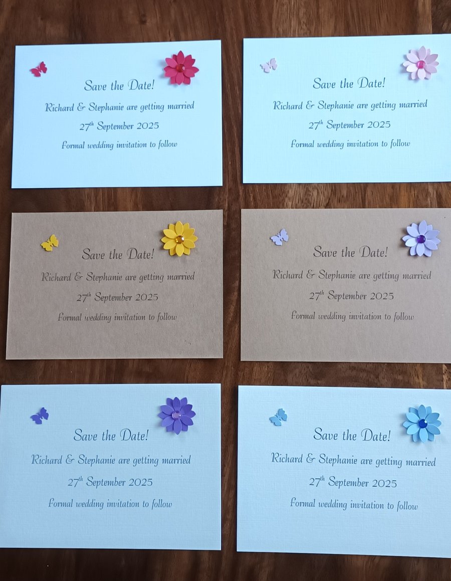 Save The Date A6 Postcard. Daisy And Butterfly. Choice Of Colours.