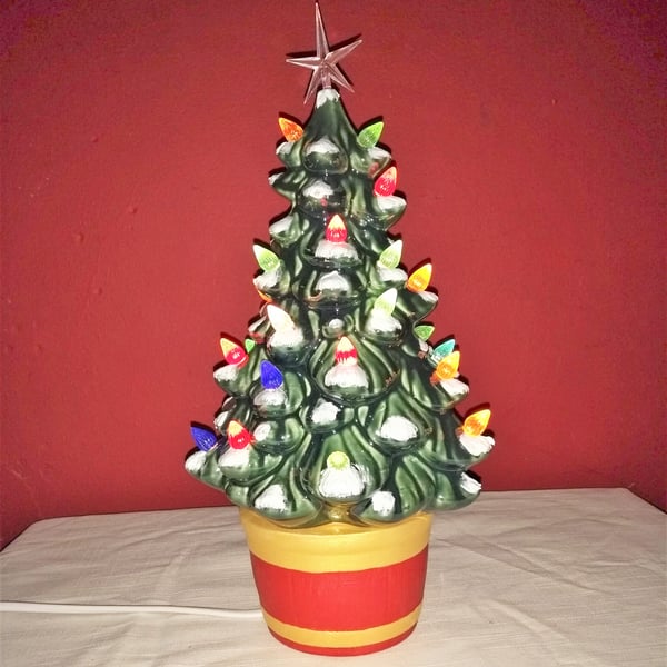 Pottery multicolored light up green hand made,vintage style Christmas tree lamp