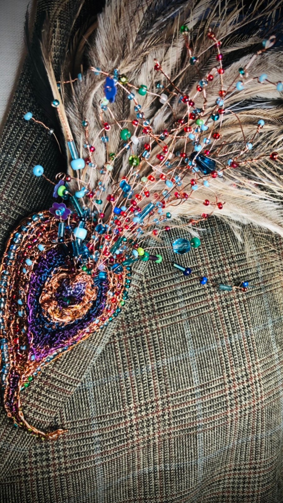 Beaded feather wire boutonniere