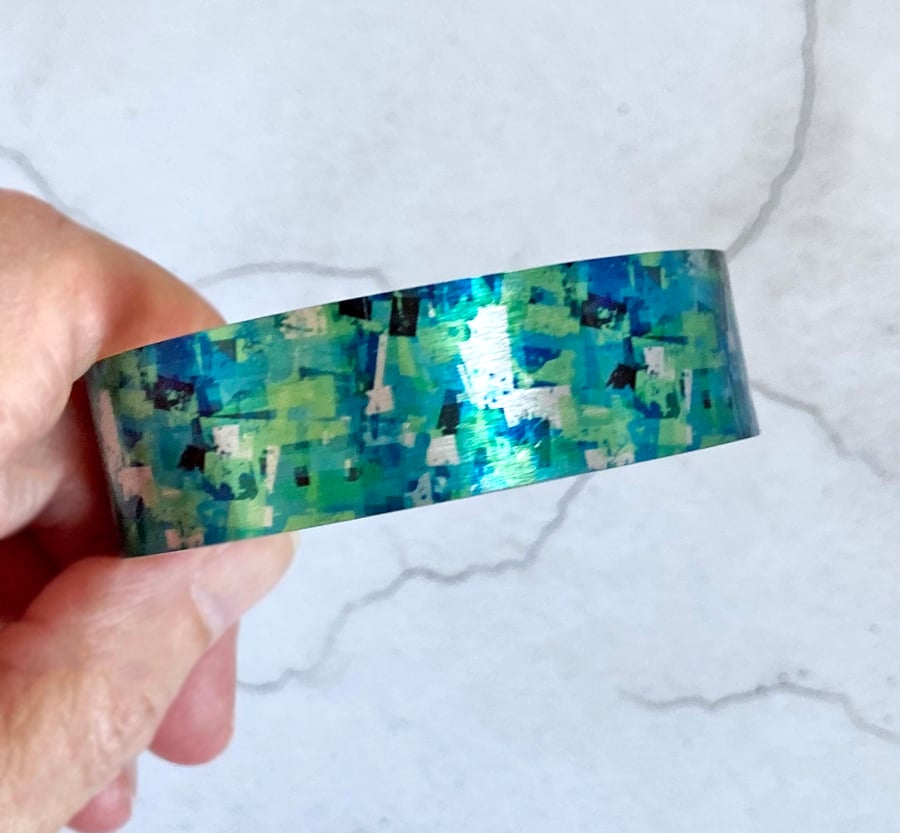 Cuff bracelet, abstract teal turquoise metal jewellery bangle (694)