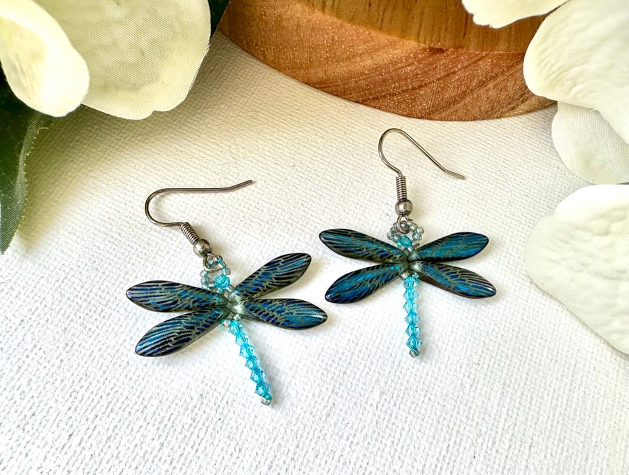 Dragonfly Earrings - Etched Royal Blue