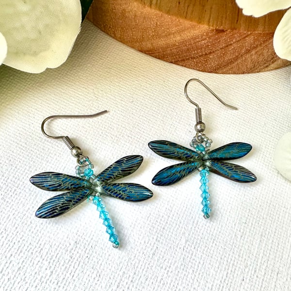 Dragonfly Earrings - Etched Royal Blue