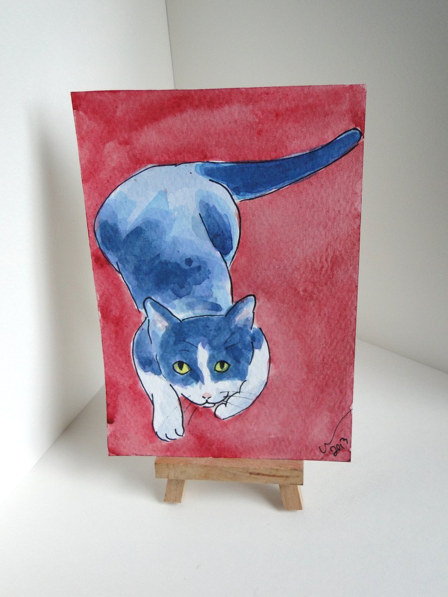 Cat Art Play With Me! Original Animal Watercolour Painting OOAK OSWOA 