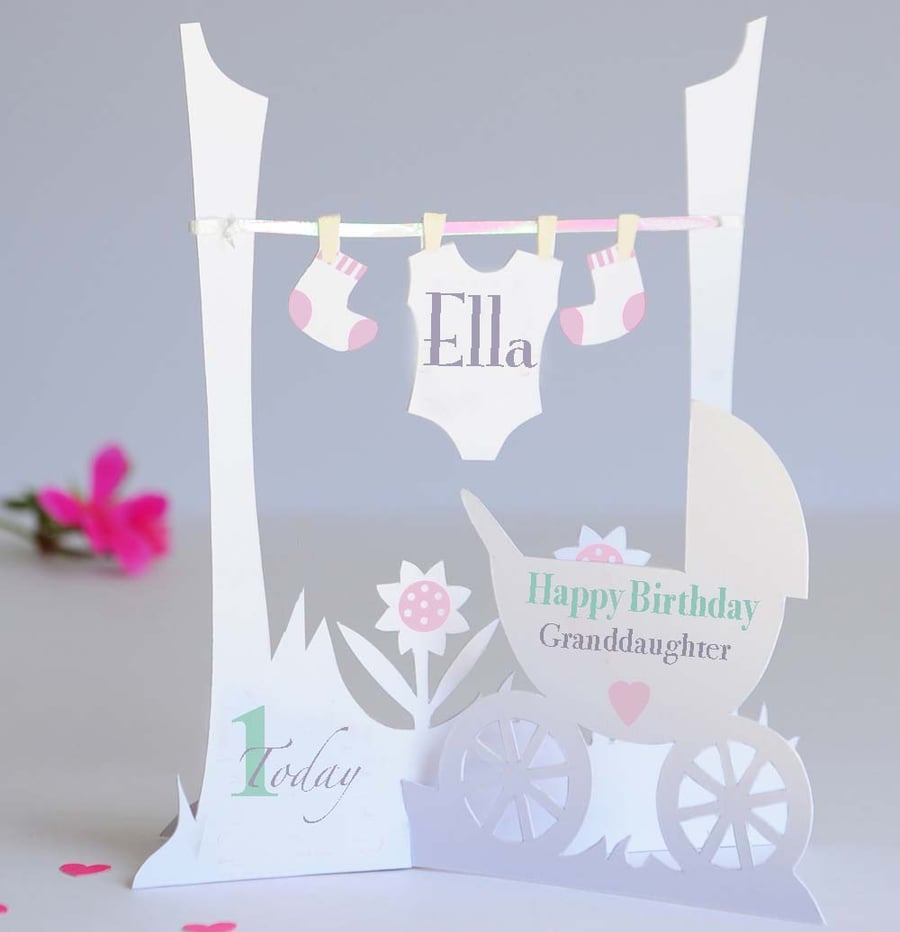 Personalised 3.D  Paper Cut 1st Birthday Card for a Baby Girl.