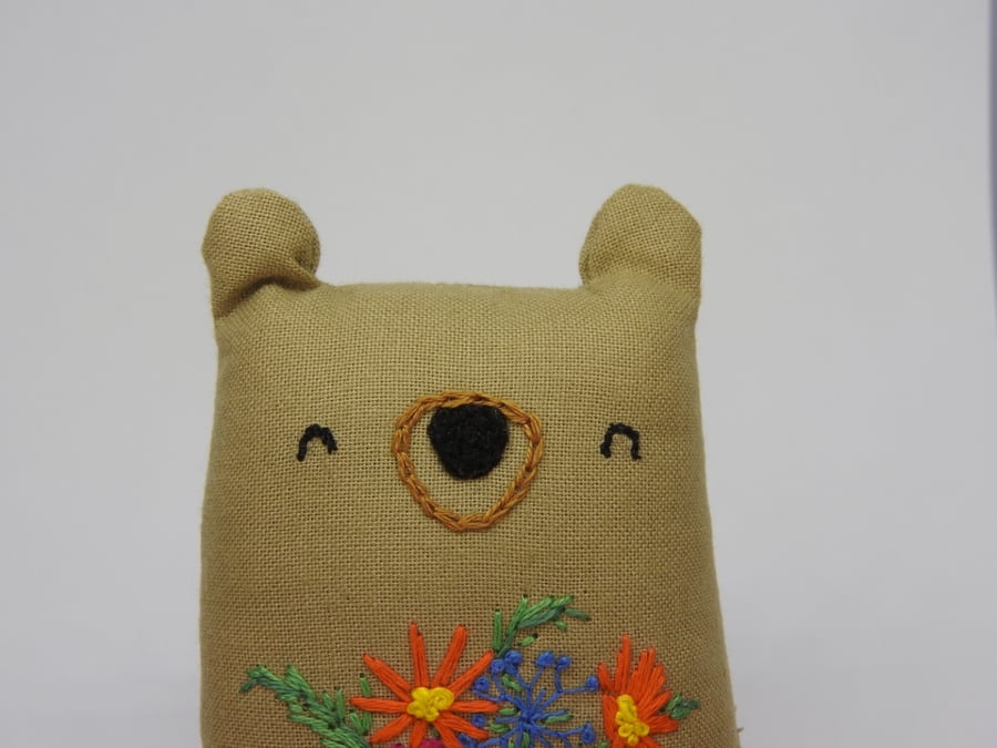 Hand Embroidered Bear With Bright Flowers