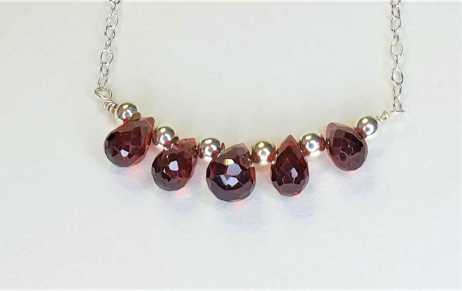 Mozambique Red Garnet Faceted Teardrops And Sterling Silver Necklace