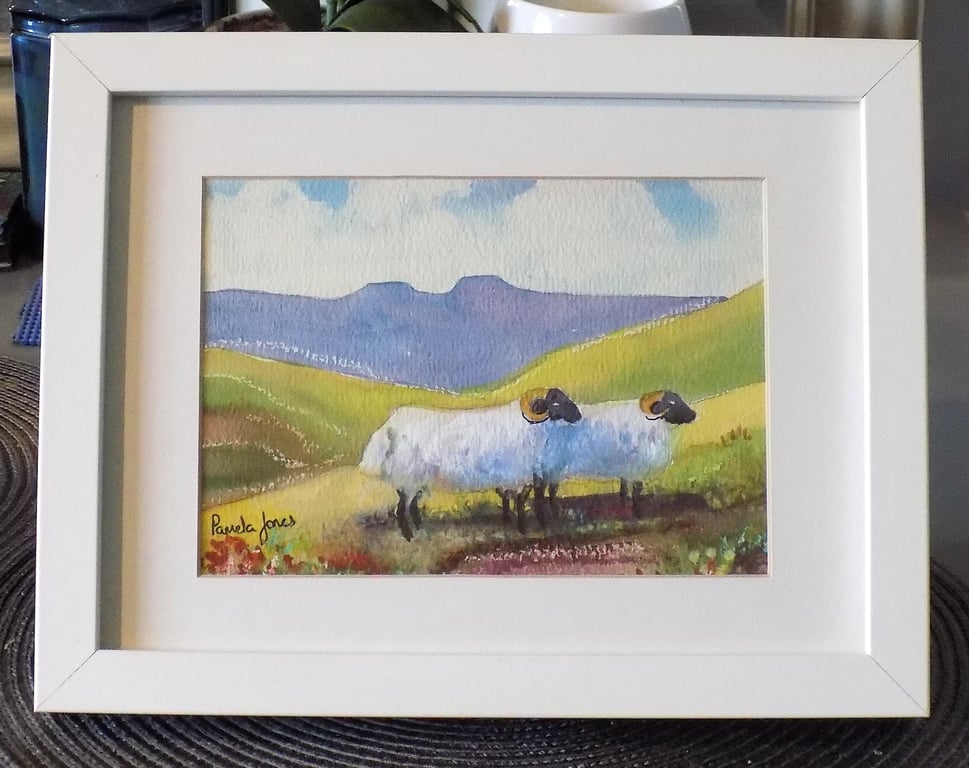 Sheep Brecon Beacons, Wales, Original watercolour in 9.5 x 7.5'' Frame