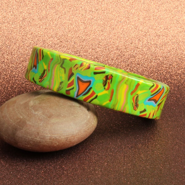 Designer Abstract Patterned Bangle In Limes And Greens - Polymer Clay - Medium 